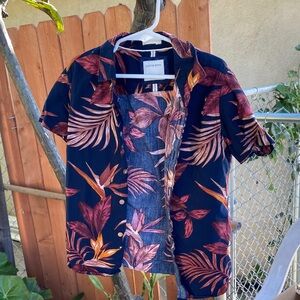 Cactus Navy and Orange Leaf Print Shirt